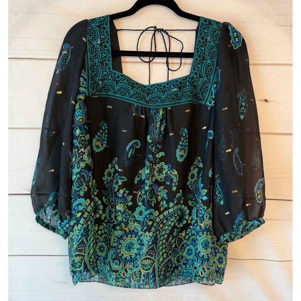 Tibi New York Silk Paisley Blouse Black Teal Gold Metallic Sheer Sleeve Top 8